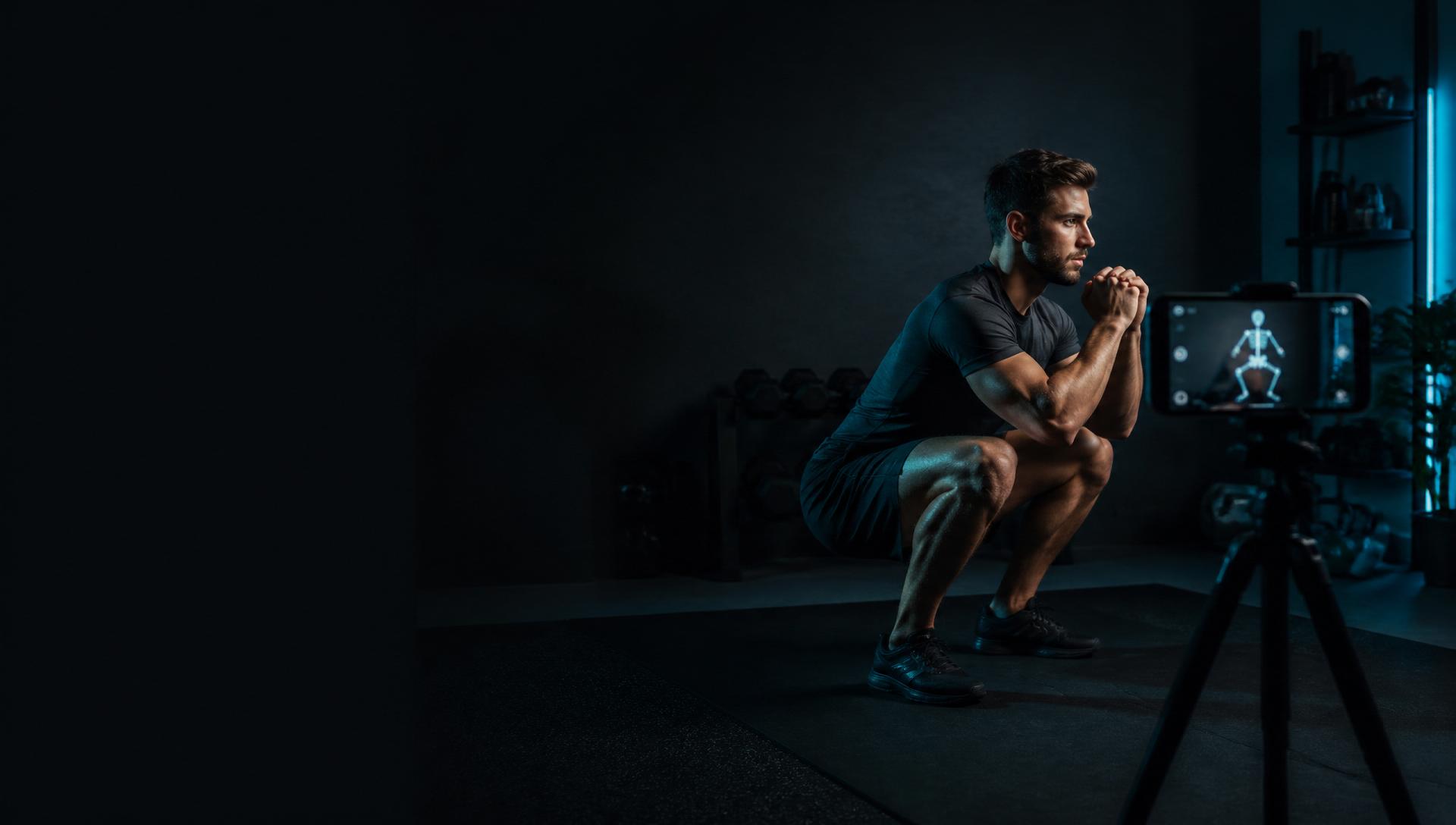 Man performing a squat in front of a phone camera running a movement scan
